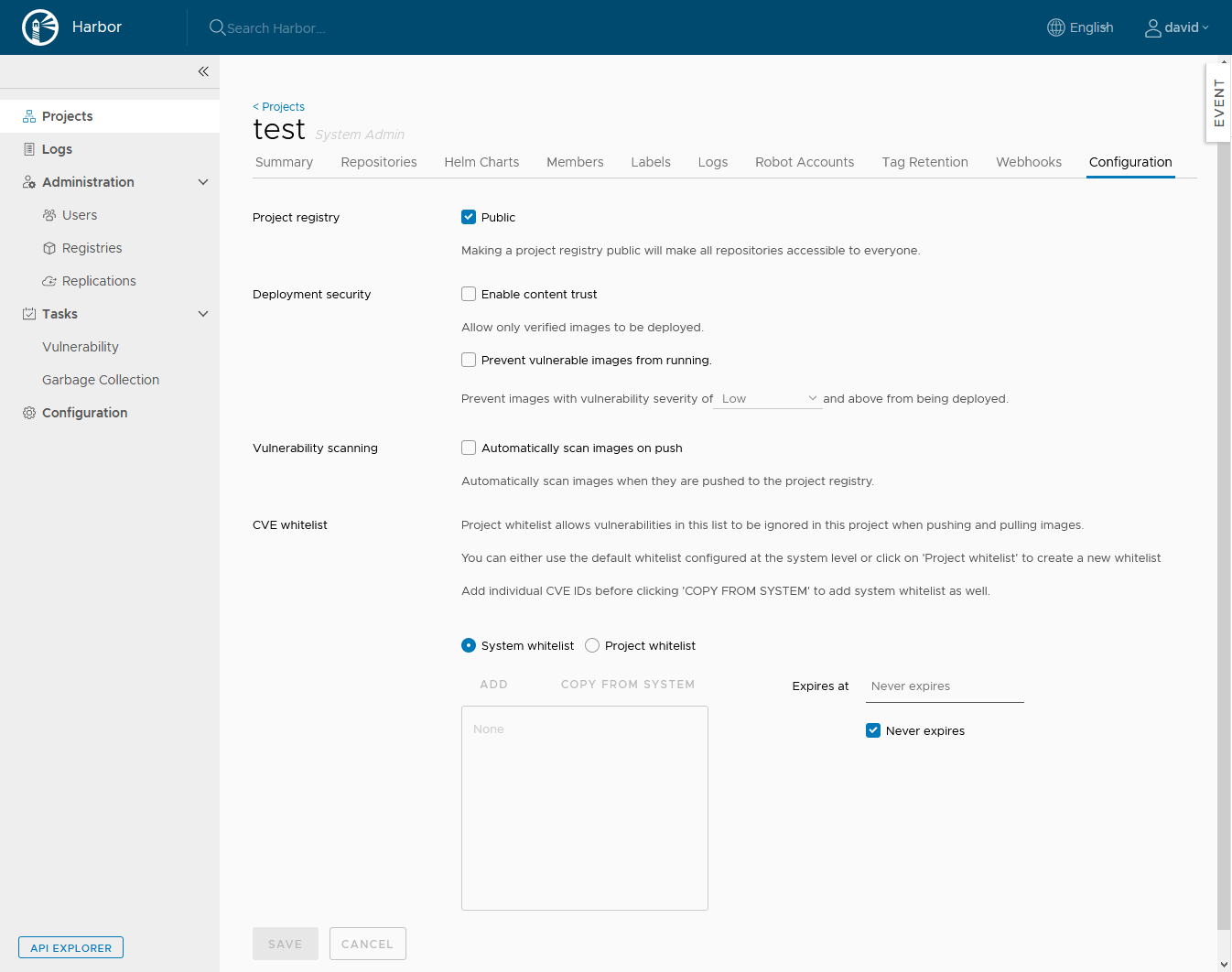 The configuration page for a harbor project.